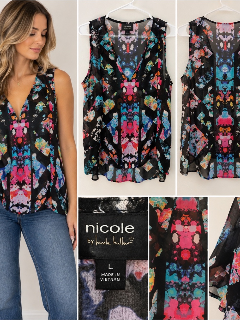 Nicole by Nicole Miller Sheer Abstract Floral Chiffon Blouse Size L